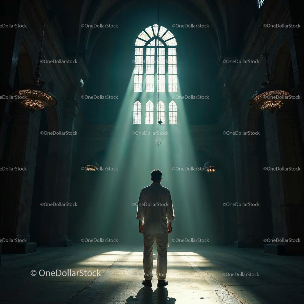 Solitary Man Standing in Sunlit Cathedral Interior