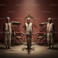 Vintage Rickshaw Pullers in Traditional Indian Attire