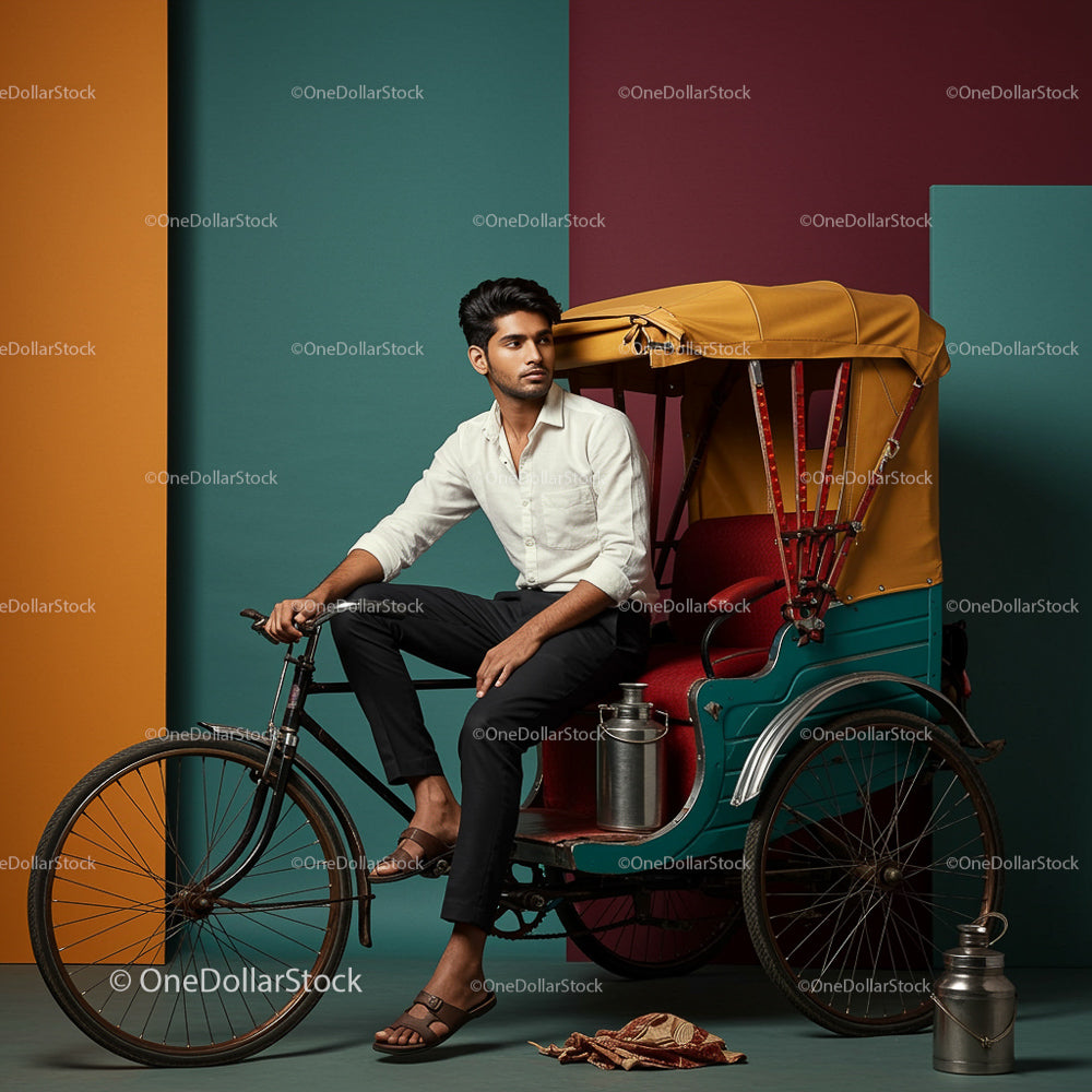 Stylish Young Man Posing on Colorful Indian Rickshaw