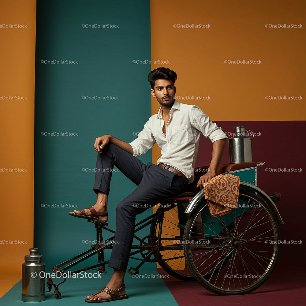 Stylish Man Posing on Bicycle with Colorful Background