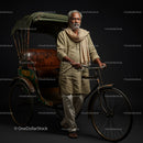 Mature Man in Traditional Dress with Vintage Rickshaw
