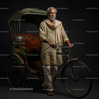 Mature Man in Traditional Dress with Vintage Rickshaw