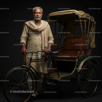 Elderly Man with Vintage Rickshaw in Traditional Attire