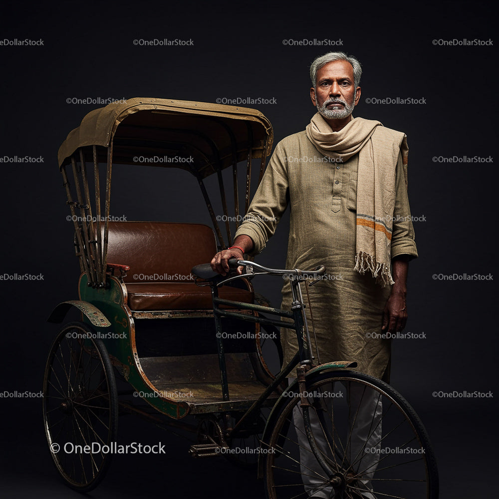 Indian Man Posing with Traditional Rickshaw