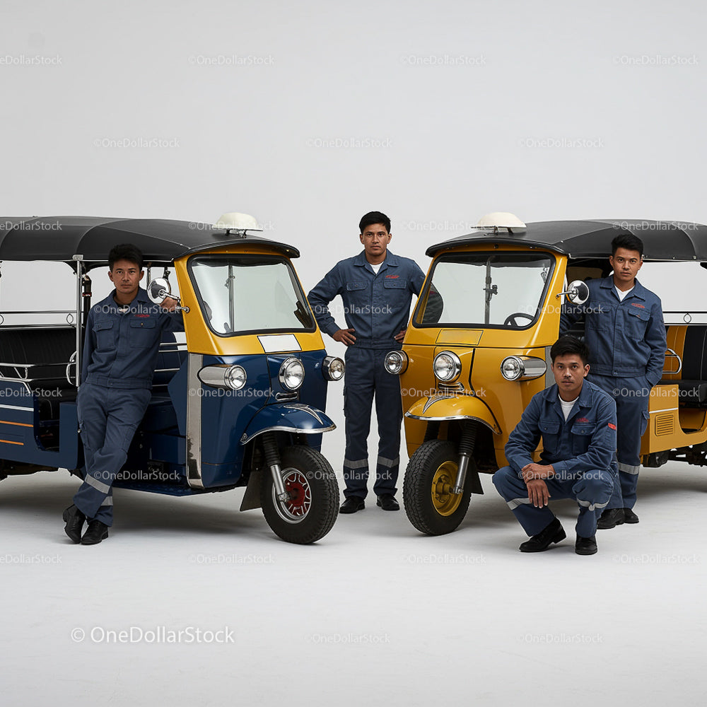 Mechanics with Blue and Yellow Tuk Tuks in Uniforms