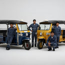 Mechanics with Blue and Yellow Tuk Tuks in Uniforms