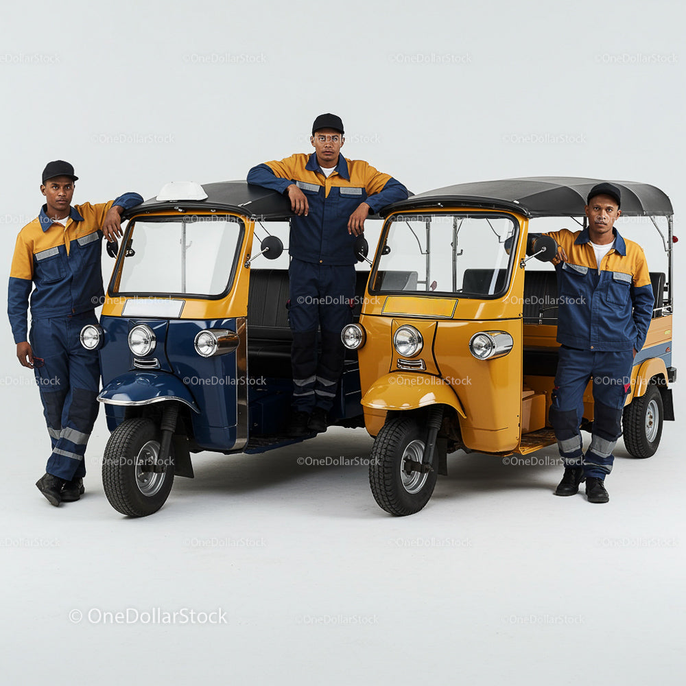 Mechanics Posing with Blue and Yellow Tuk-Tuks