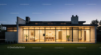 Modern Glass-Fronted Home at Dusk with Warm Interior Lighting