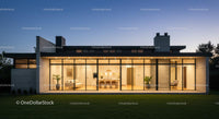 Modern Glass Facade House at Twilight with Illuminated Interior
