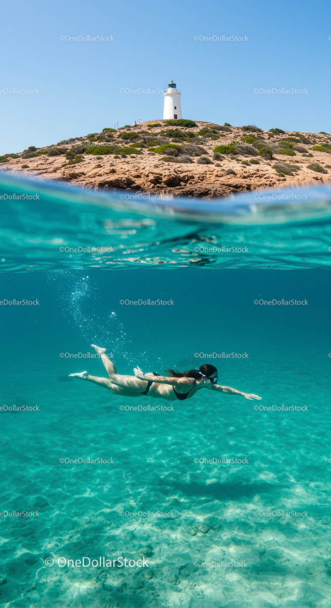 Diver in Clear Waters with Lighthouse Overhead