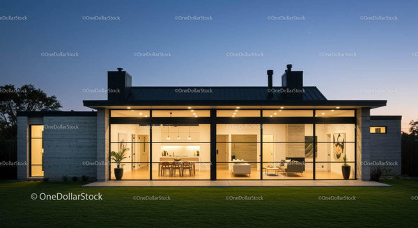 Nowoczesny dom ze szklaną elewacją o zmierzchu