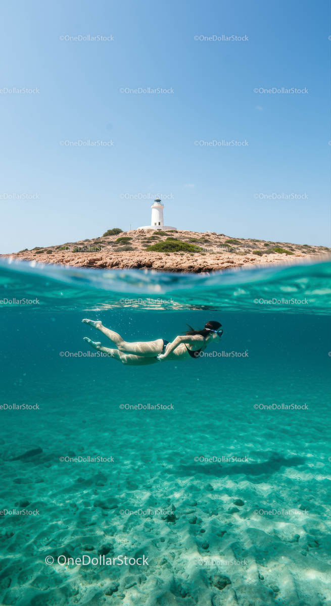 Snorkeler Exploring by Lighthouse Island in Turquoise Waters