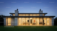 Modern House with Glass Facade and Evening Lighting
