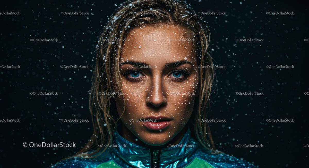 Intense Portrait of Woman with Water Droplets and Blue Eyes