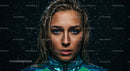 Intense Portrait of Woman with Water Droplets and Blue Eyes
