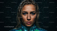 Intense Portrait of Woman with Water Droplets and Blue Eyes
