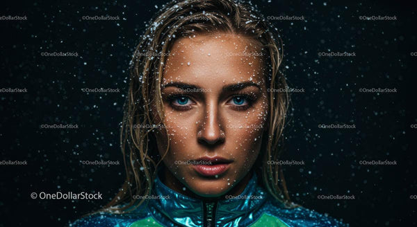 Intense Portrait of Woman with Water Droplets and Blue Eyes