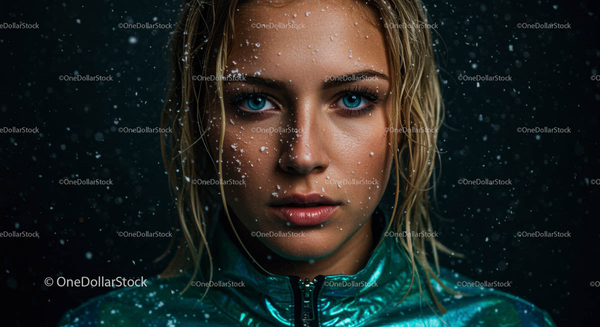 Striking Portrait of a Woman with Wet Hair and Blue Eyes