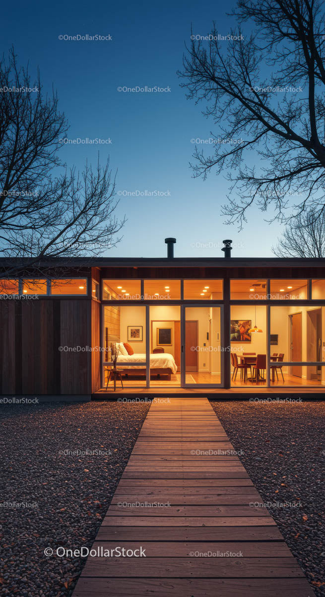 Modern Glass House with Warm Interior at Twilight