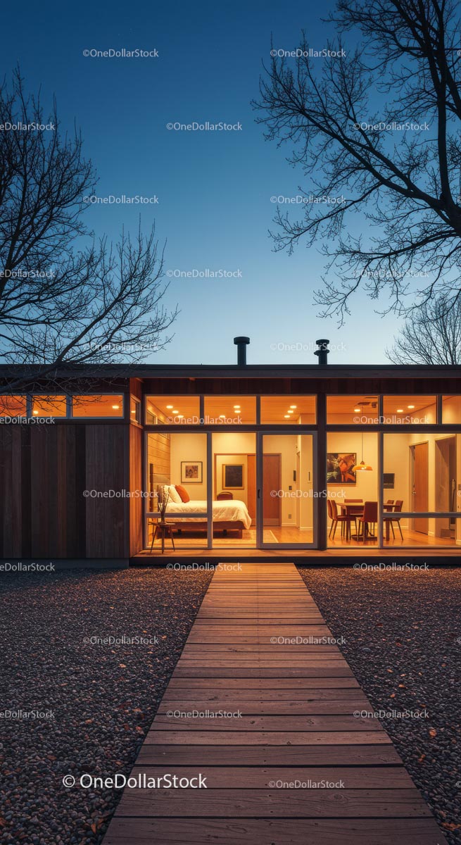 Modern Home with Warm Lighting During Twilight