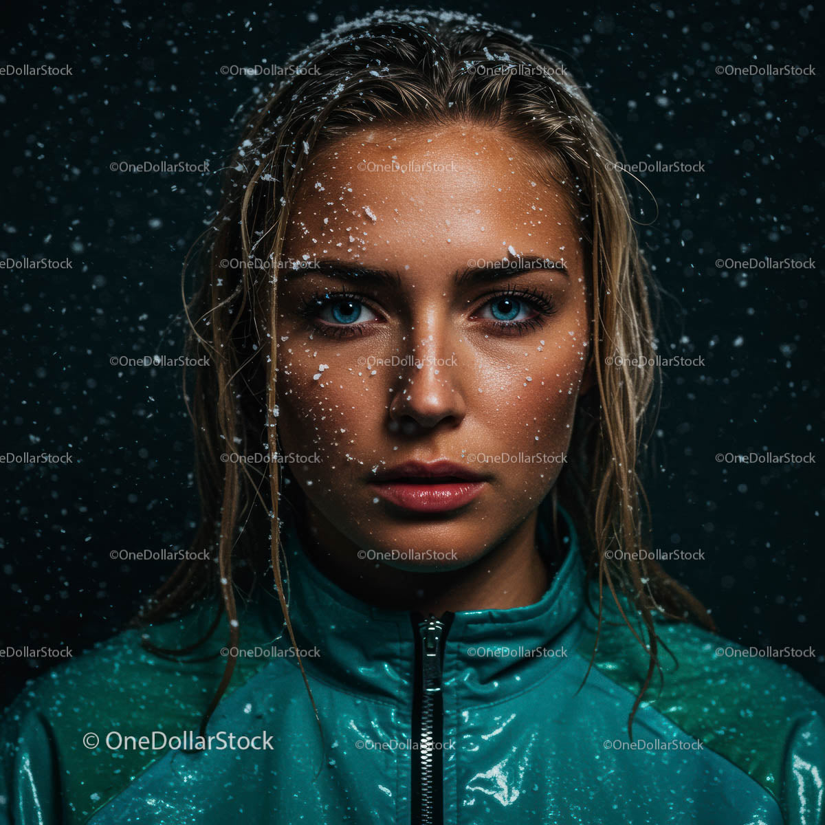 Portret kobiety w śniegu z turkusową kurtką