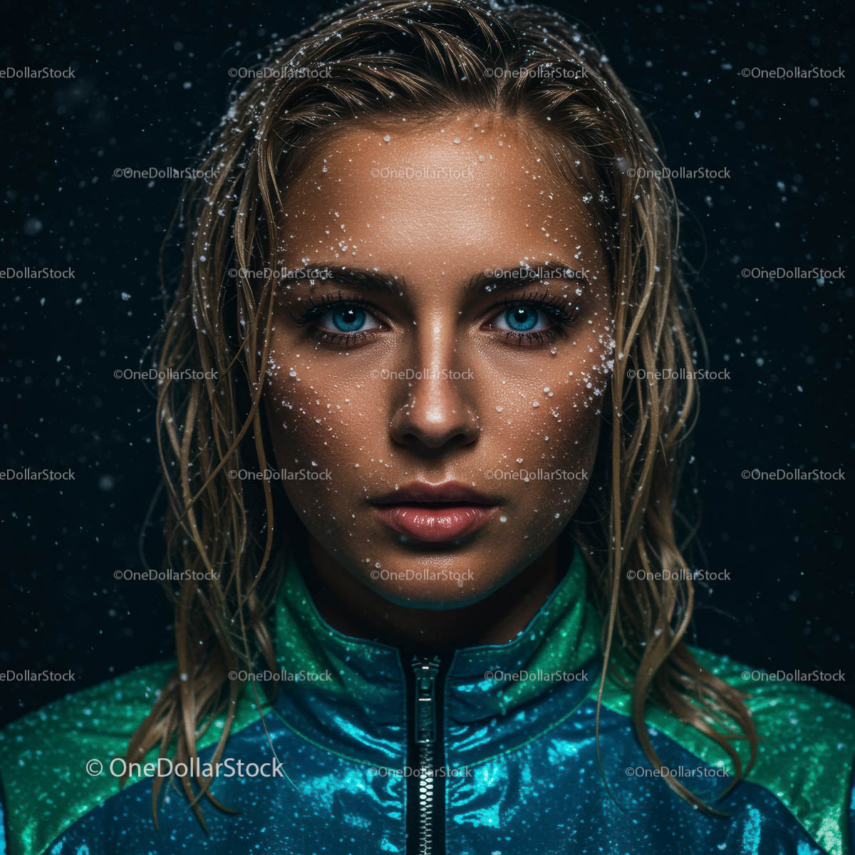 Close-Up Portrait with Snowflakes and Blue Eyes