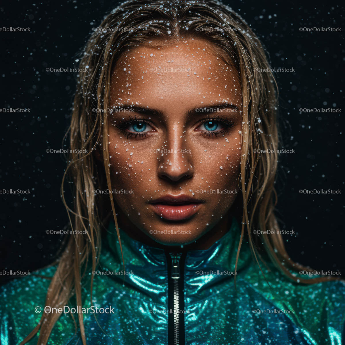 Intense Portrait of Woman with Blue Eyes in Snow