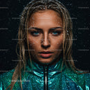 Intense Portrait of Woman with Blue Eyes in Snow