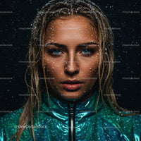 Intense Portrait of Woman with Blue Eyes in Snow
