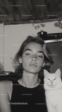 Young Woman with White Cat in Monochrome Home Setting