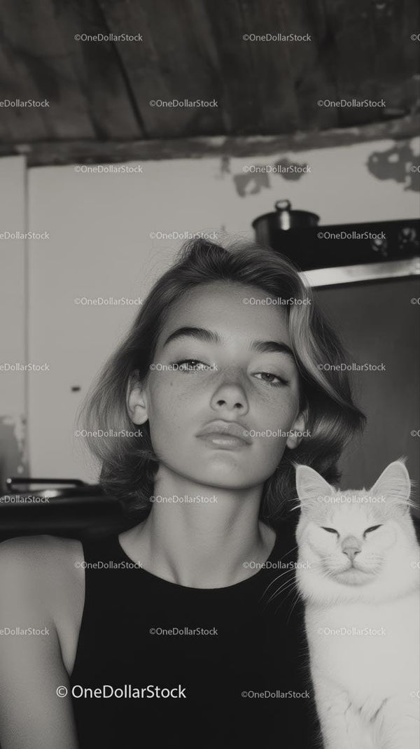 Young Woman with White Cat in Monochrome Home Setting