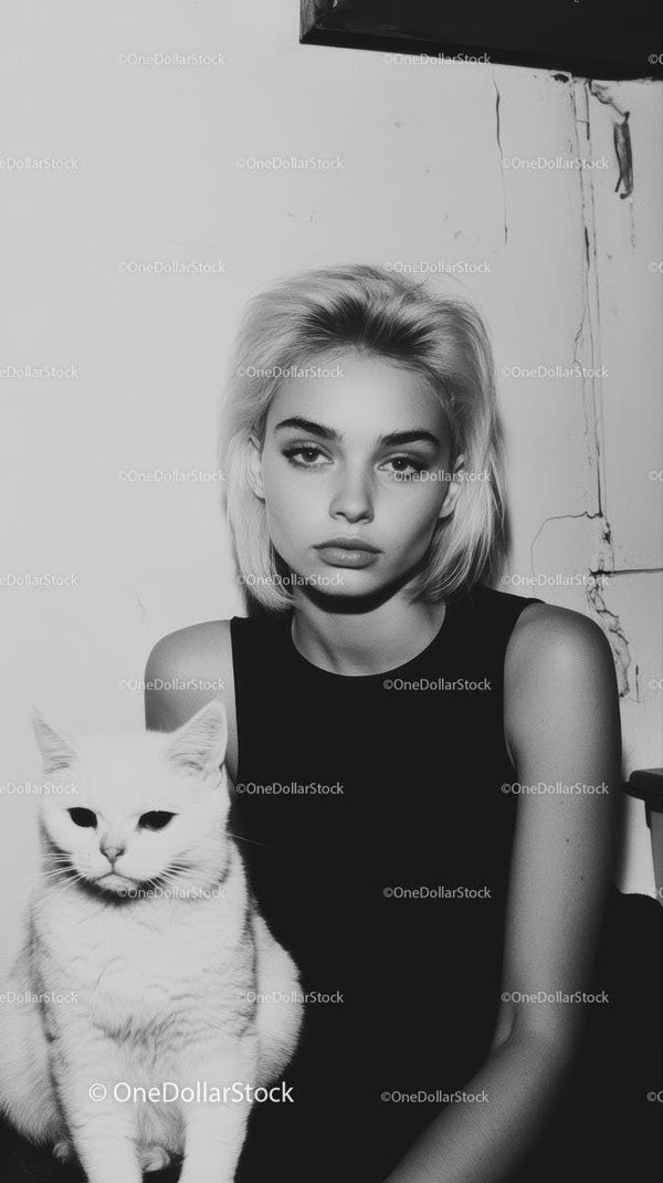Blonde Woman with White Cat in Monochrome Portrait