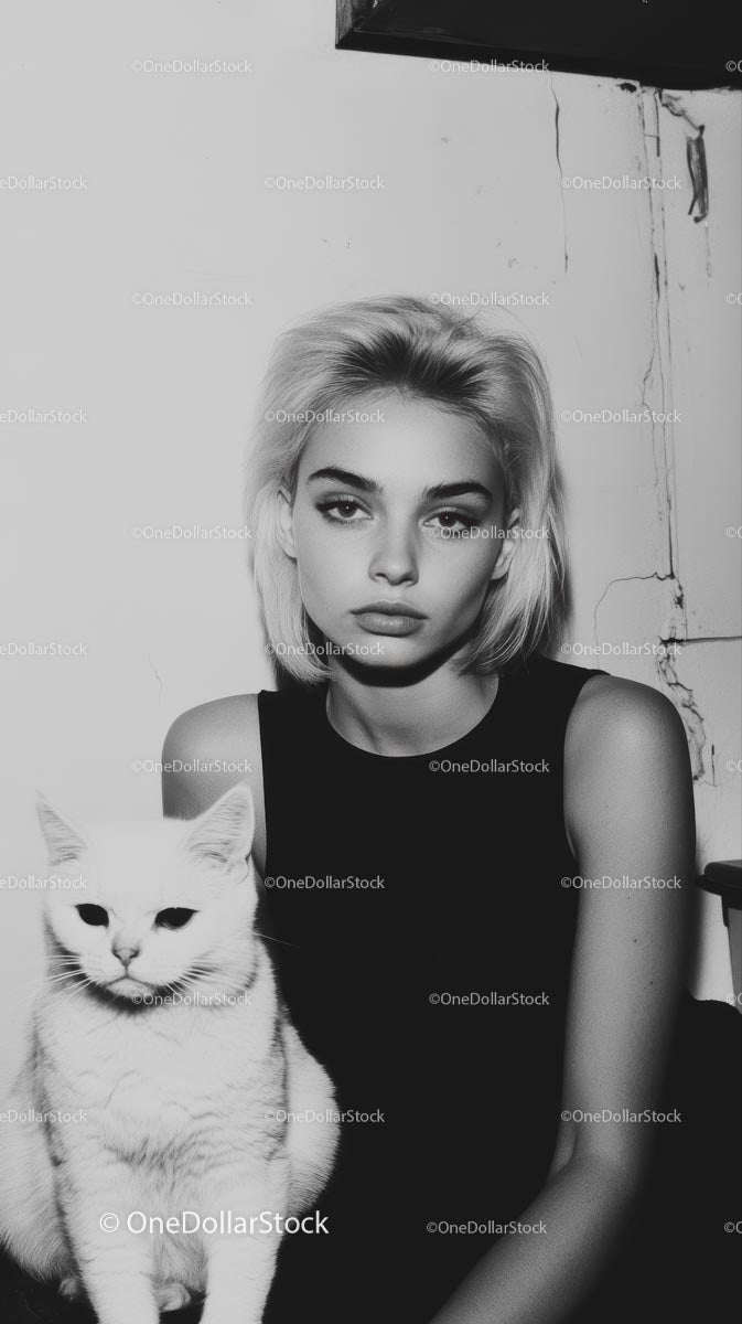 Blonde Woman with White Cat in Monochrome Portrait