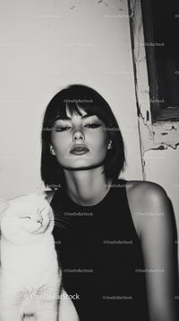 Woman with White Cat in Monochrome Setting