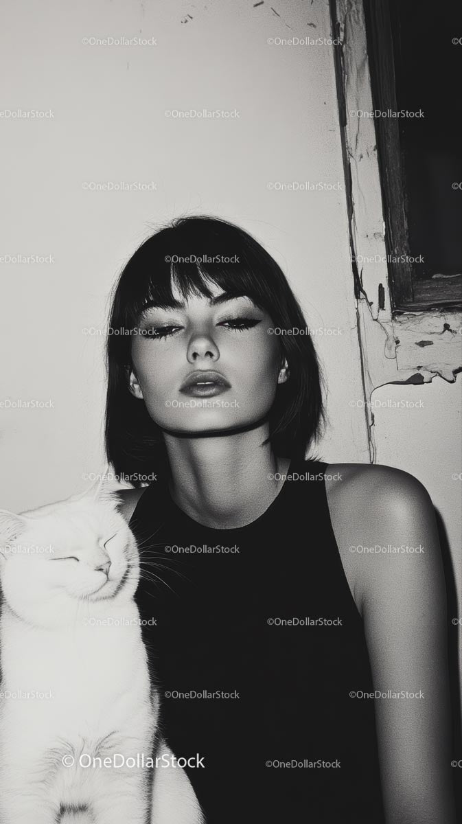 Woman with White Cat in Monochrome Setting