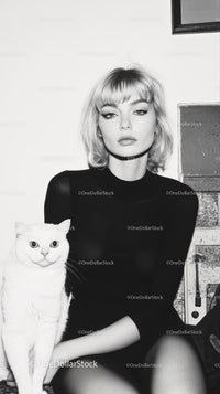 Blonde Woman with White Cat in Monochrome Setting
