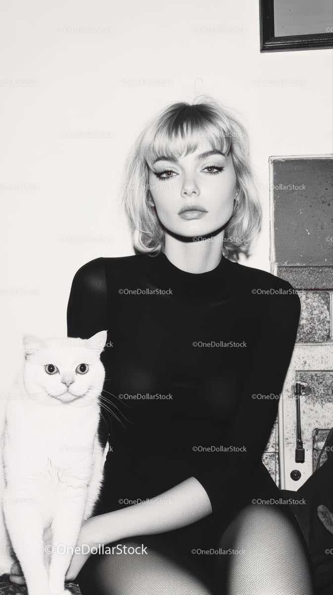 Blonde Woman with White Cat in Monochrome Setting