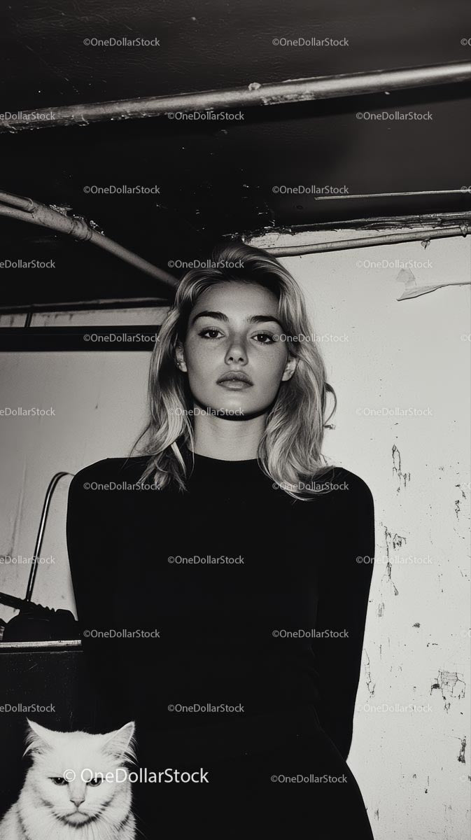 Monochromatyczny portret kobiety z białym kotem