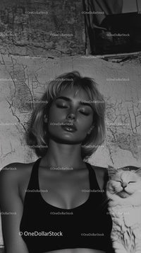 Peaceful Woman Relaxing with Cat in Black and White