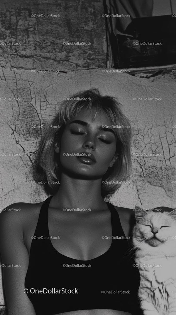 Peaceful Woman Relaxing with Cat in Black and White