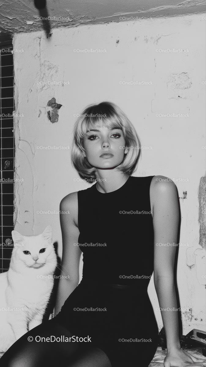 Stylish Woman in Black Dress with White Cat in Monochrome