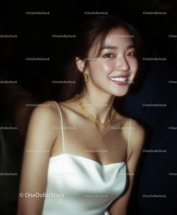 Elegant Woman in White Dress with Gold Jewelry Smiling