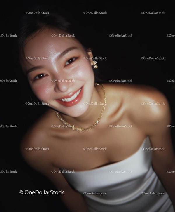Smiling Woman in Elegant White Dress with Gold Accessories