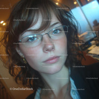 Pensive Woman with Glasses and Curly Hair Indoors