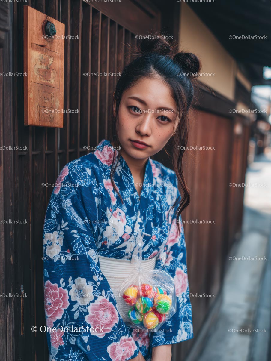 Japanese Woman in Floral Kimono with Candy Bag