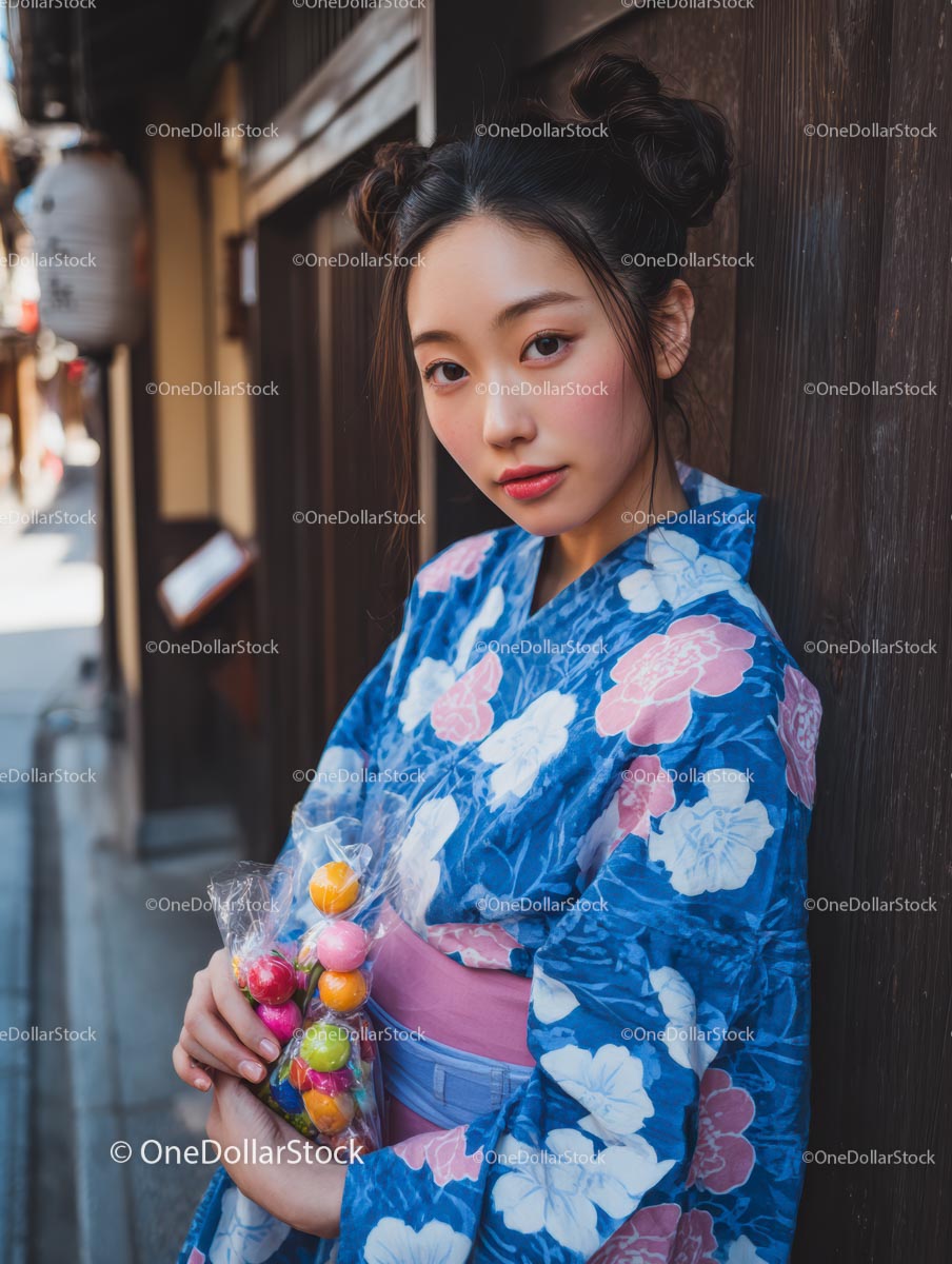Young Woman in Blue Floral Kimono with Colorful Sweets