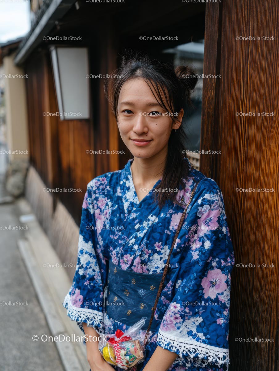 Smiling Woman in Floral Kimono by Wooden Building