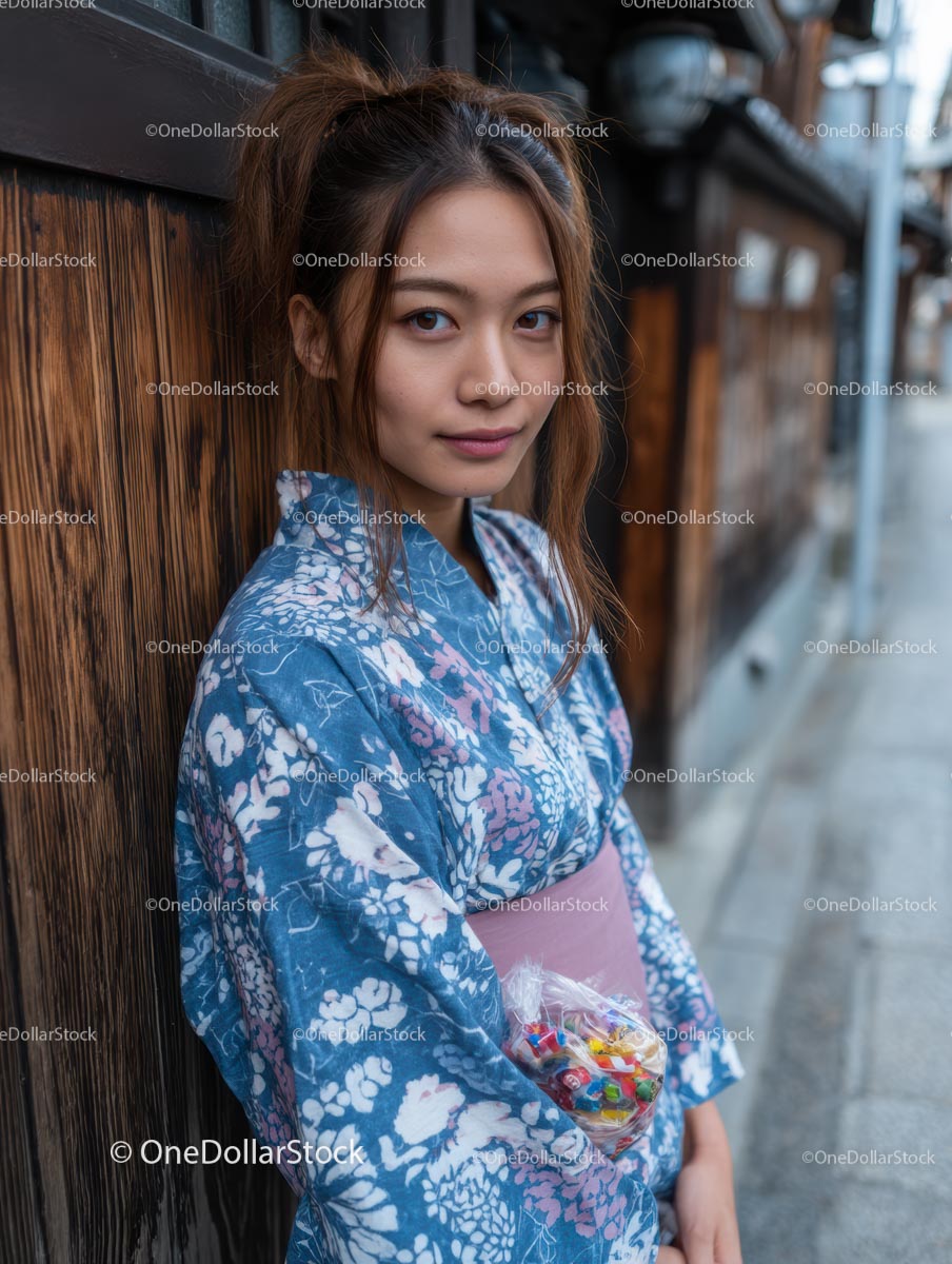 Young Woman in Floral Kimono on a Traditional Street