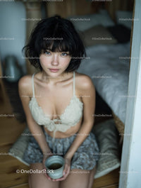 Young Woman Relaxing with Morning Coffee in Cozy Home Setting
