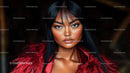 Confident Woman in Red Fur Coat with Intense Gaze